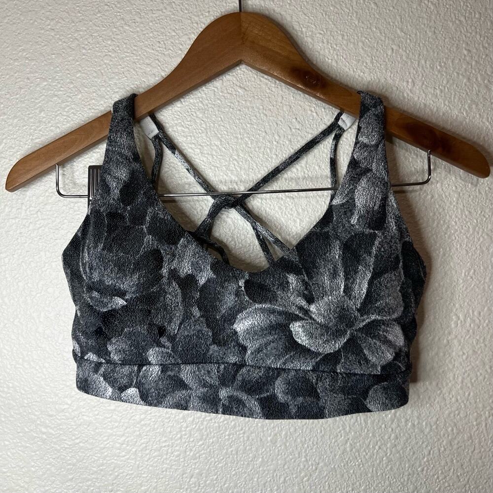 Athleta SportsBra Womens Small Black White Floral Abstract Criss-Cross Back
